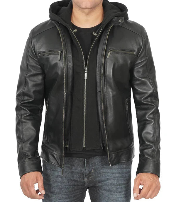 Merrill Men's Black Hooded Premium Leather Jacket