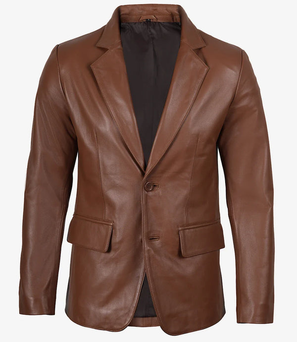 Mens Exclusive Two Button Real Leather Cognac Blazer