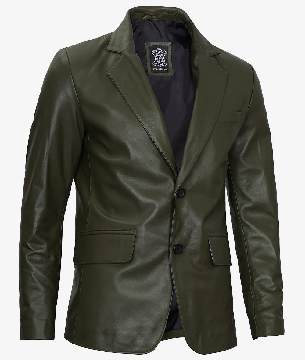 Mens Two Button Olive Green Leather Blazer Two-Button