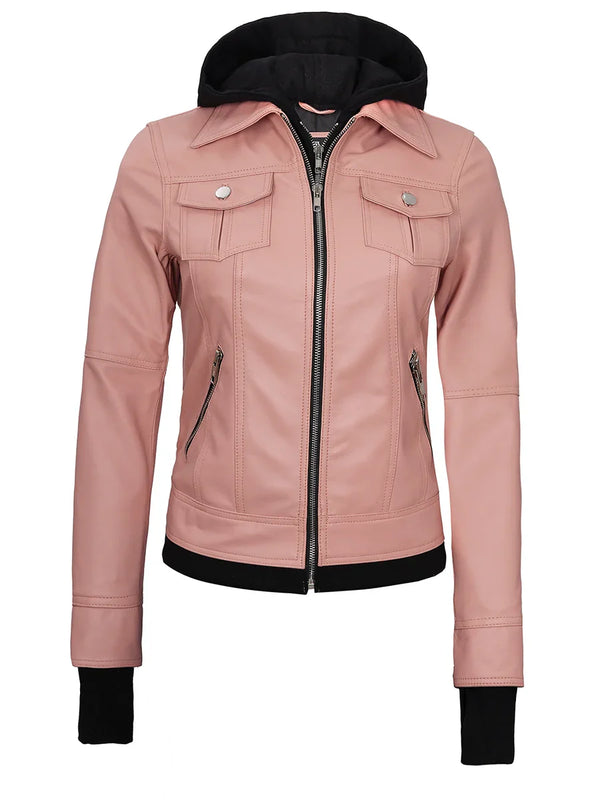 Tralee Women's Pink Leather Biker Style Jacket with Hood