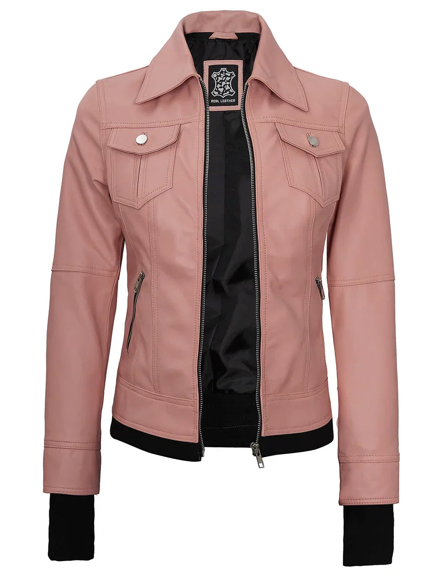 Tralee Women's Pink Leather Biker Style Jacket with Hood