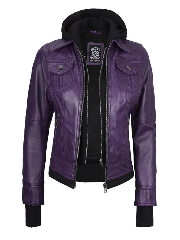 Women's Purple Leather Jacket with Removable Hood