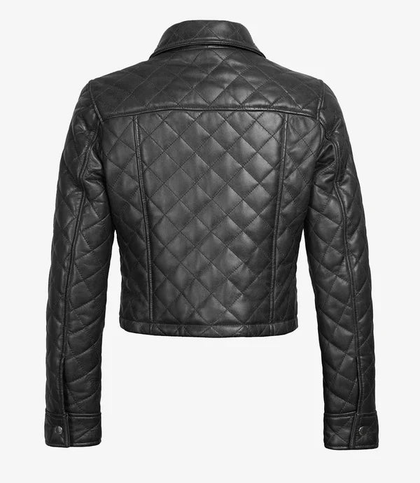 Womens Quilted Black Cropped Real Leather Jacket