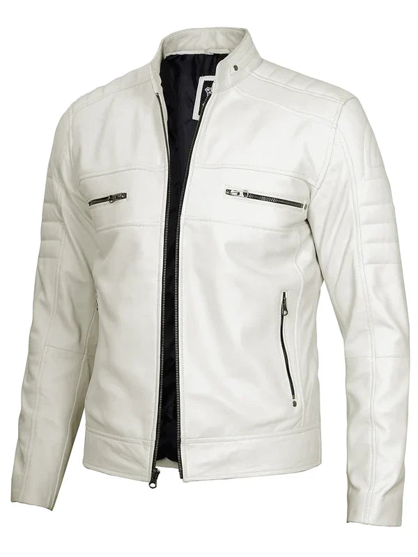 Mens Off White Cafe Racer Real Leather Jacket