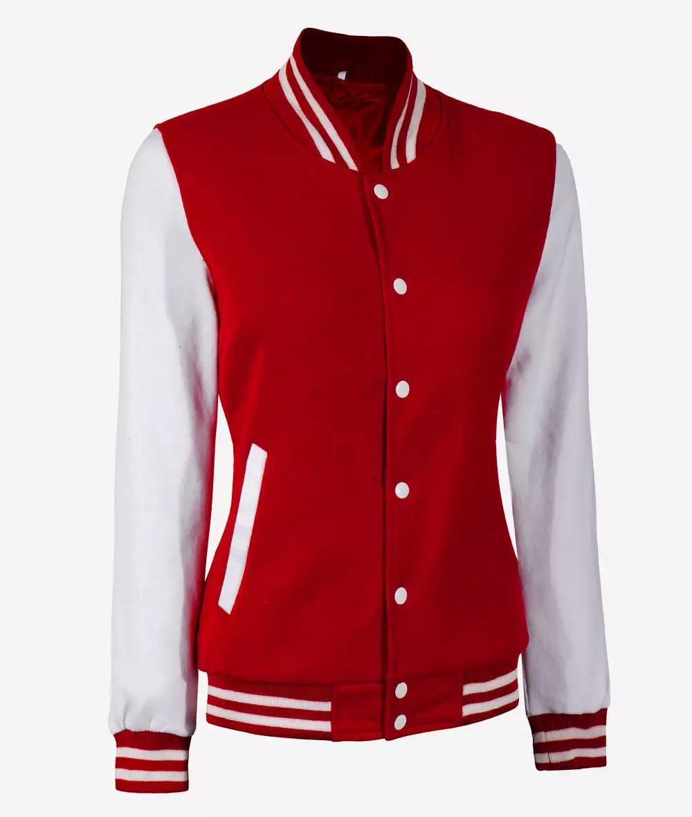 Women’s Red Letterman – White Sleeve Varsity Bomber