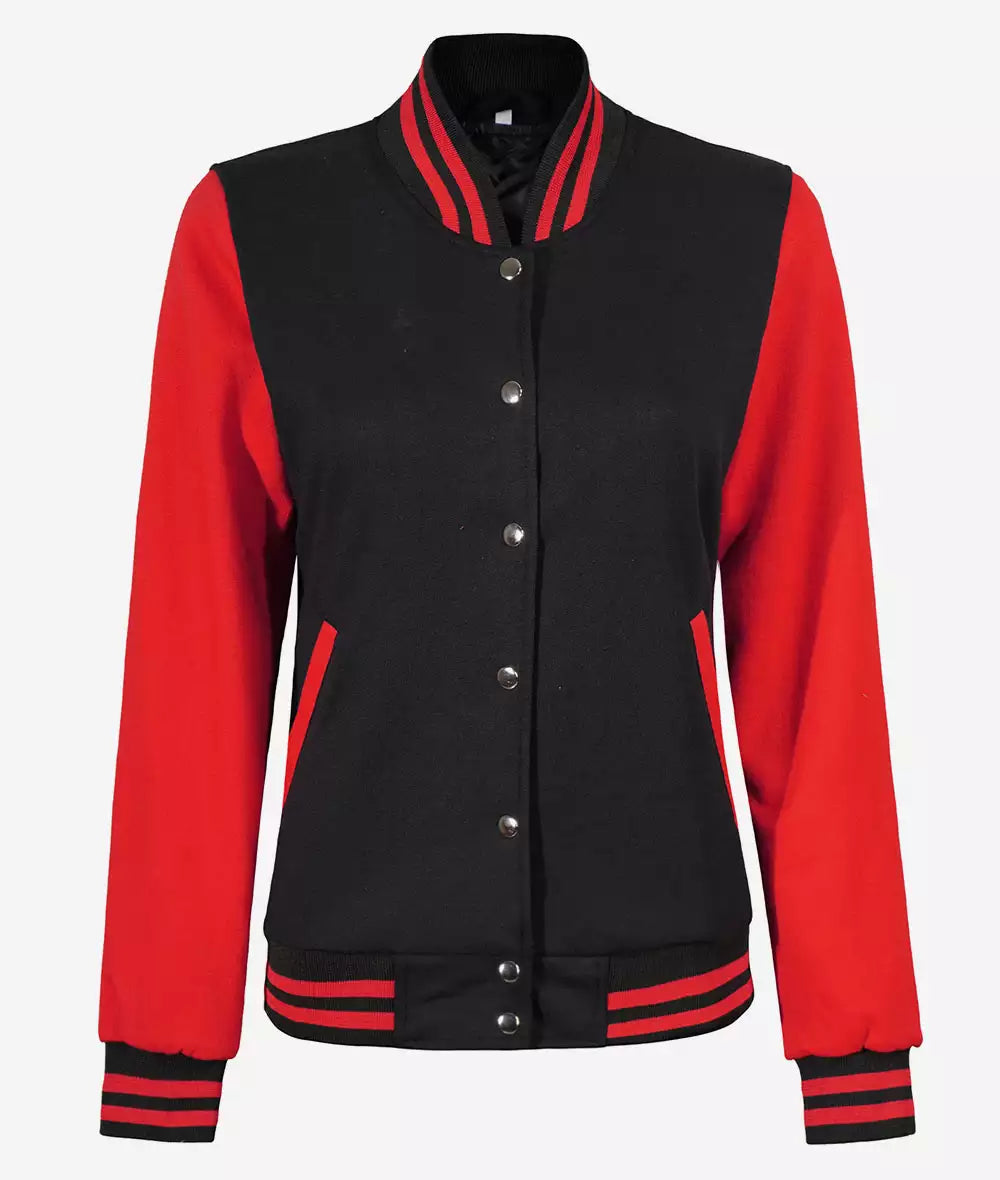 Women's Black and Red Varsity Jacket - Baseball Style