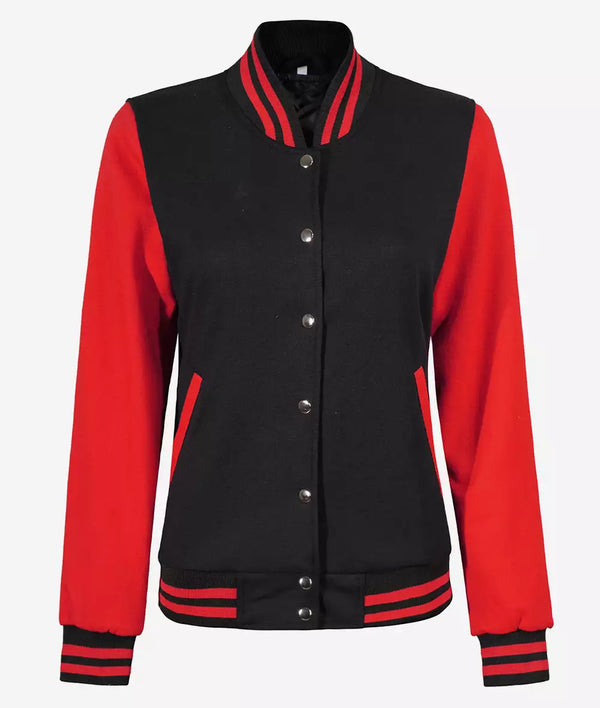 Women's Black and Red Varsity Jacket - Baseball Style