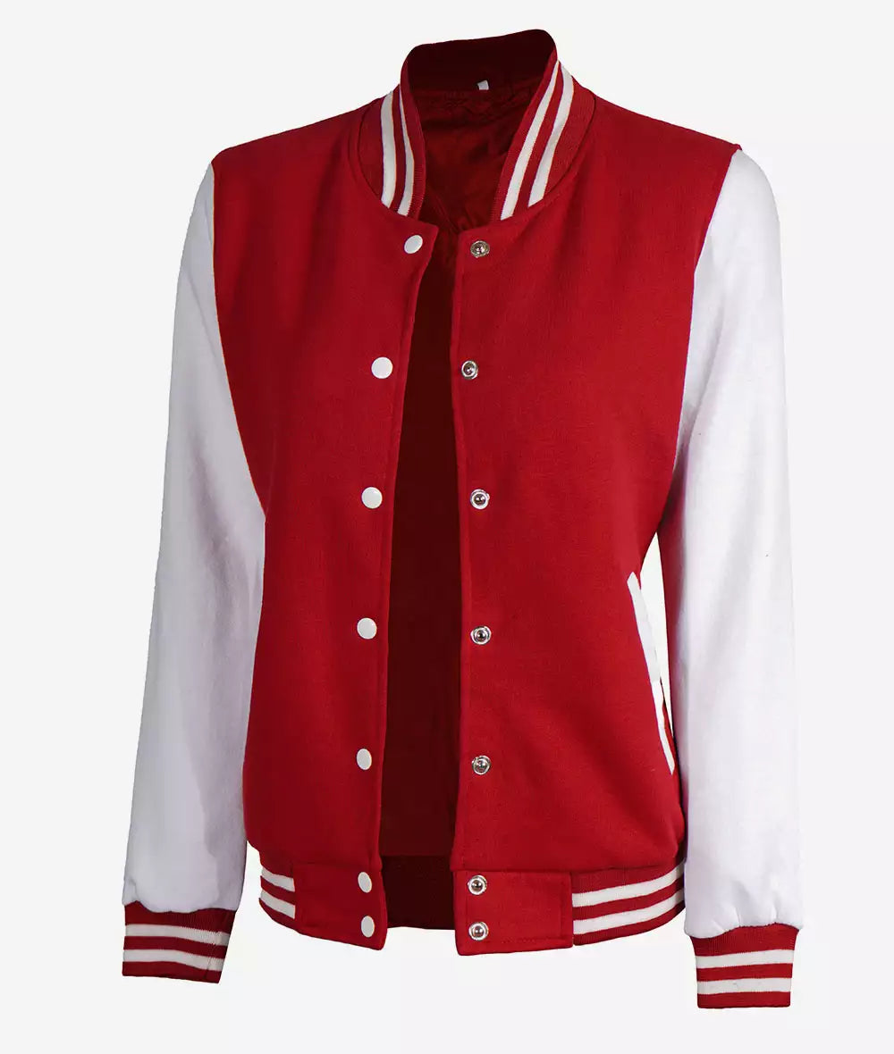 Women’s Red Letterman – White Sleeve Varsity Bomber