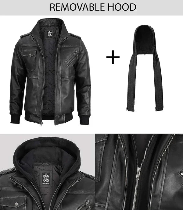 Men's Bomber Dark Grey Leather Jacket with Removable Hood