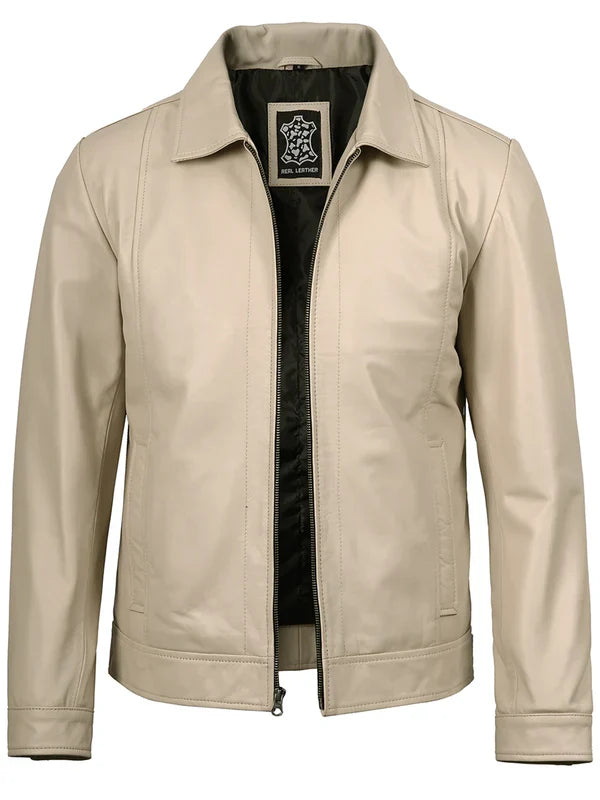 Men's Beige Real Leather Harrington Jacket