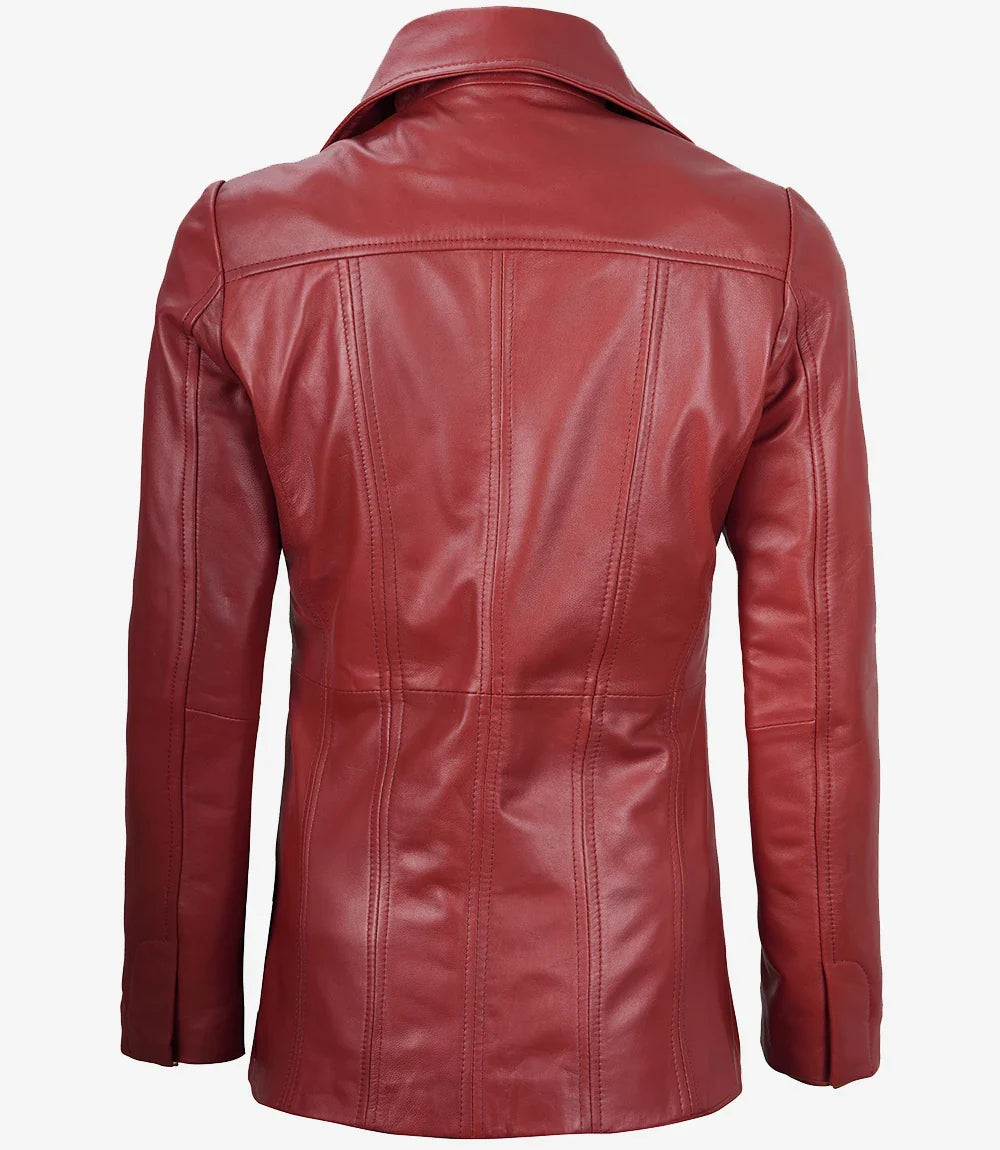 Womens Three Button Red Waxed Leather Blazer