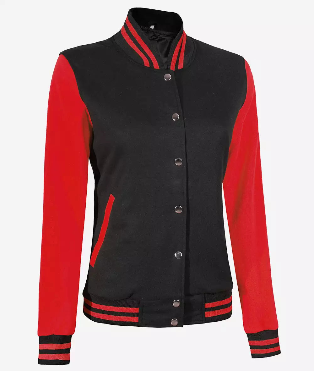Women's Black and Red Varsity Jacket - Baseball Style