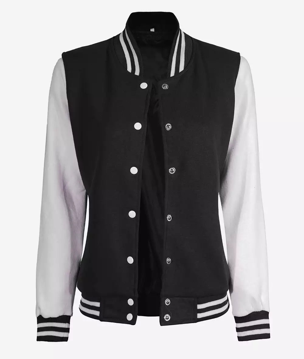 Women’s White and Black Varsity Jacket – Baseball Style Bomber