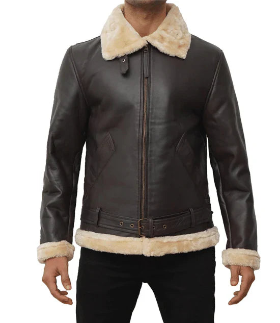 Men's Real Leather Dark Brown Bomber Fur Aviator Jacket