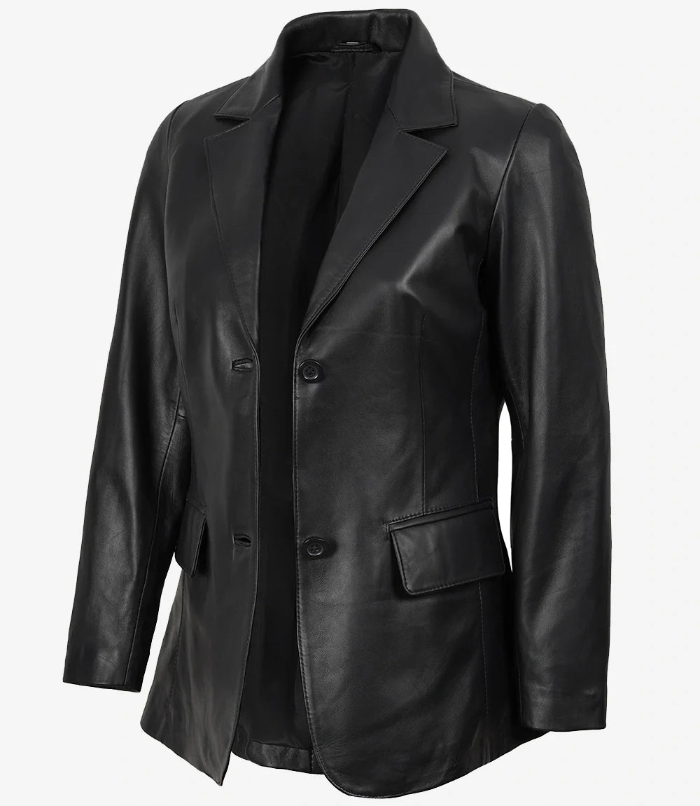 Shannon Women's Two Button Black Leather Blazer