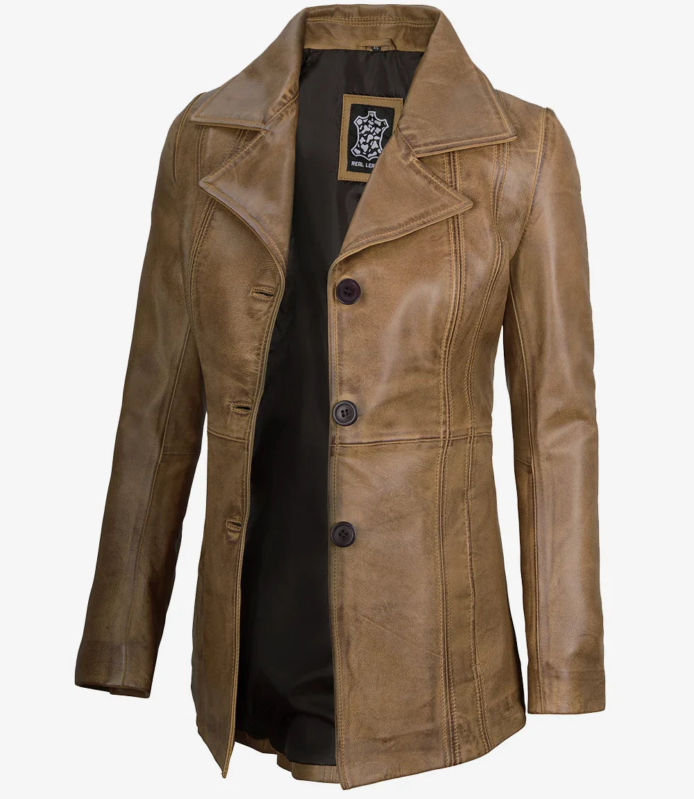 Women's Three Button Camel Brown Leather Blazer