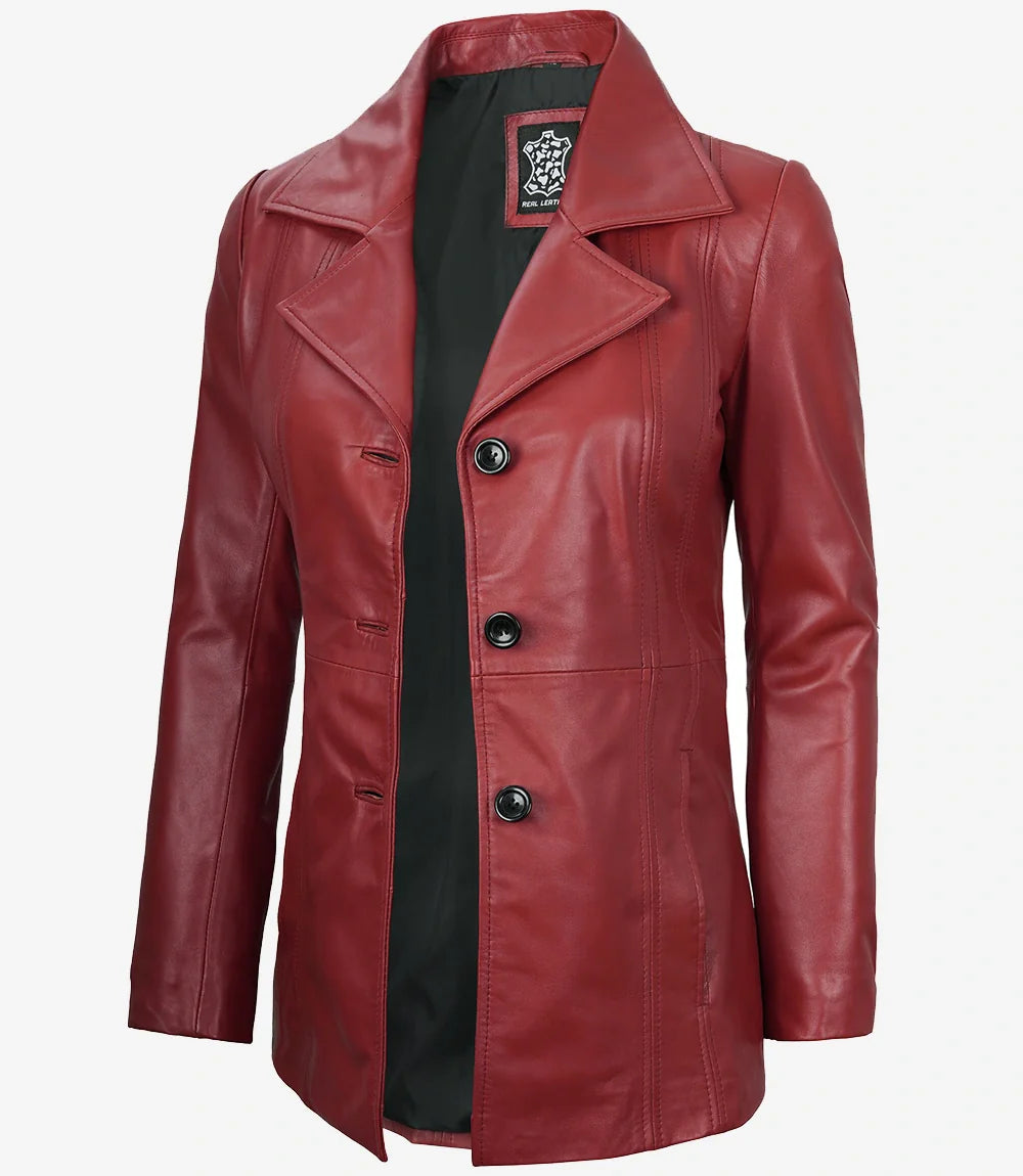 Womens Three Button Red Waxed Leather Blazer