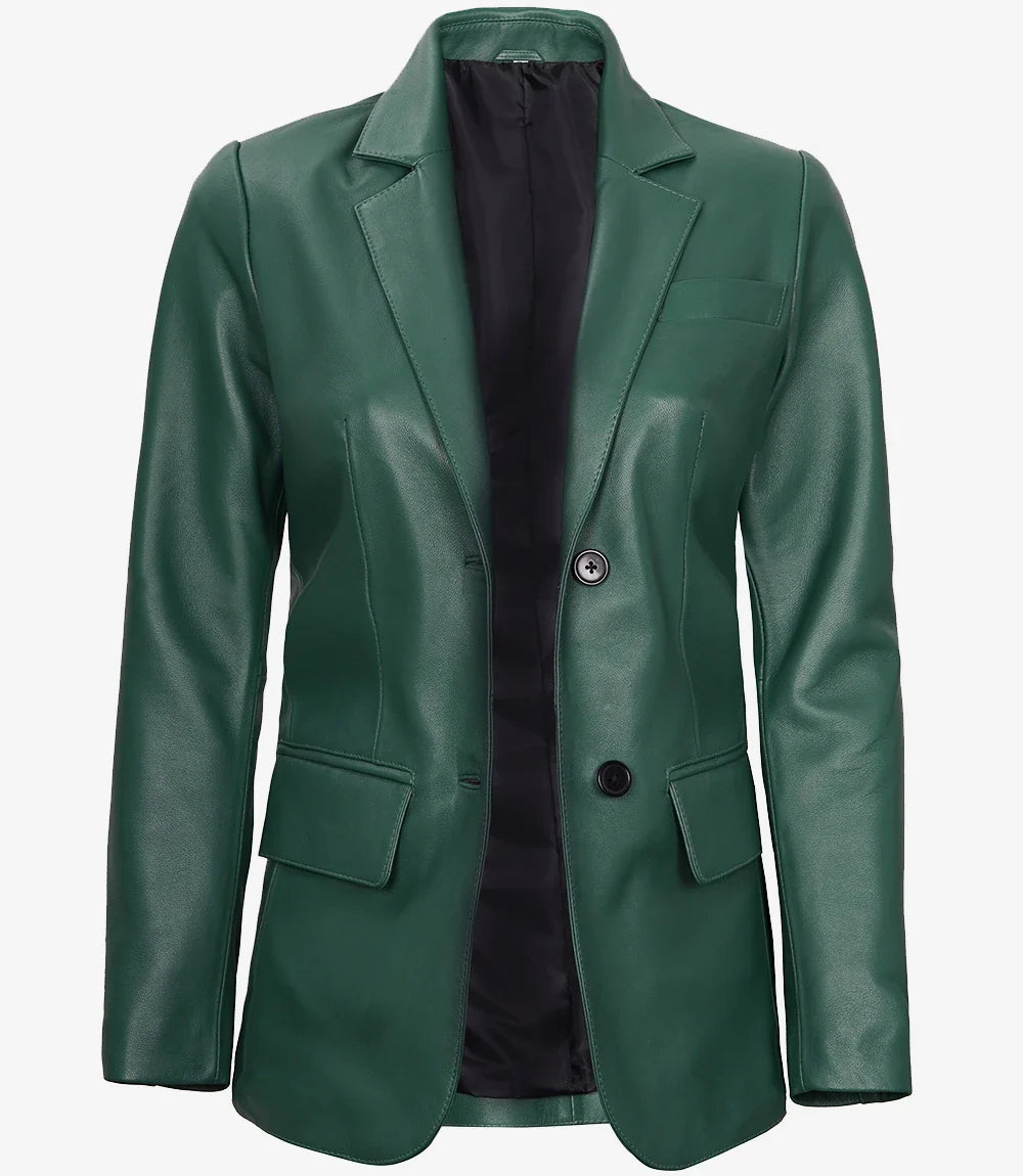 Womens Two Button Green  Premium  Leather Blazer