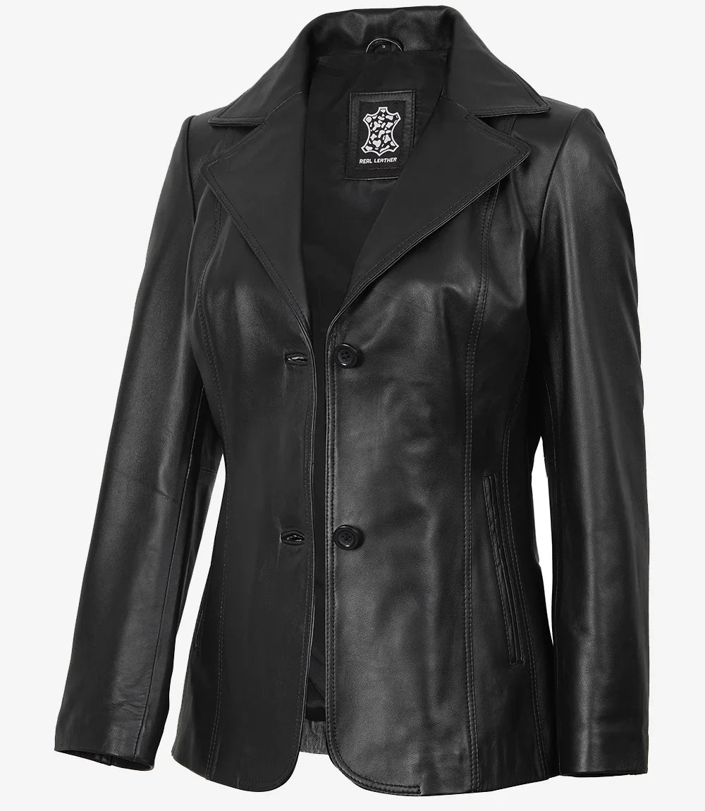 Womens Two Button Black Premium Leather Blazer