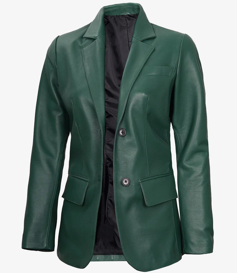 Womens Two Button Green  Premium  Leather Blazer