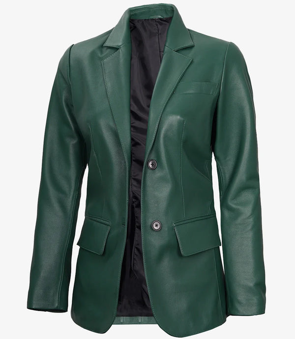 Womens Two Button Green  Premium  Leather Blazer