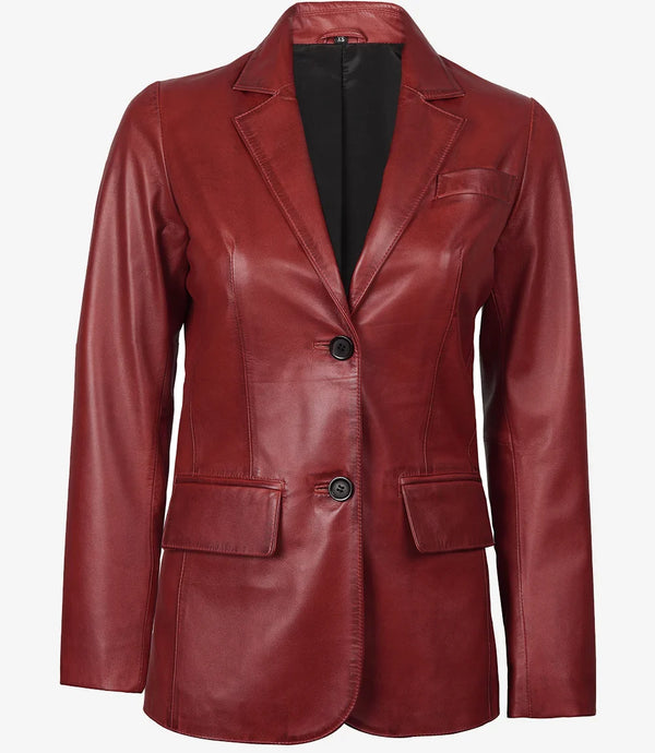 Womens Two Button Red Waxed Leather Blazer
