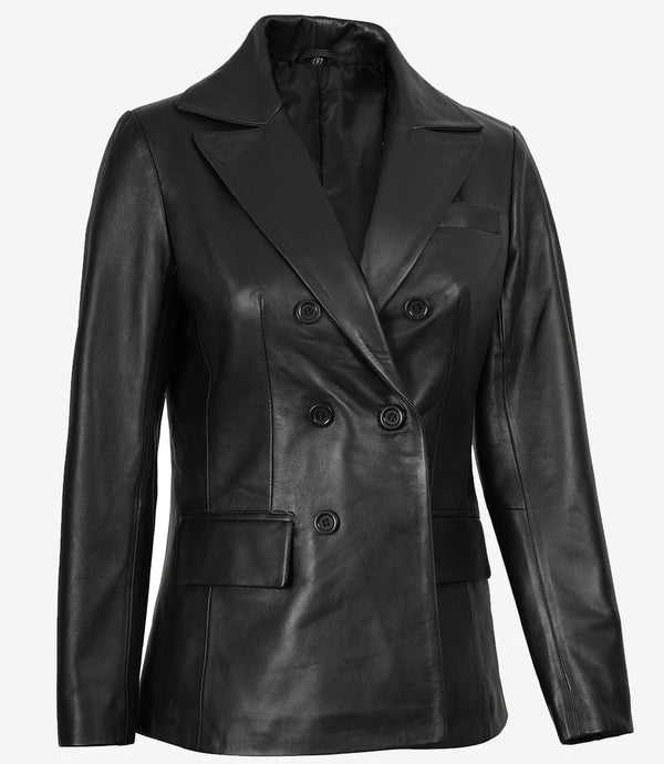 Notch Lapel Collar Double Breasted Black Leather Coat Women