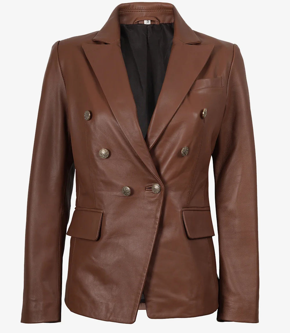 Womens Kim Double Breasted Cognac Leather Blazer