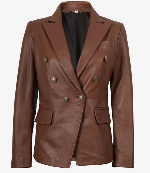 Womens Kim Double Breasted Cognac Leather Blazer