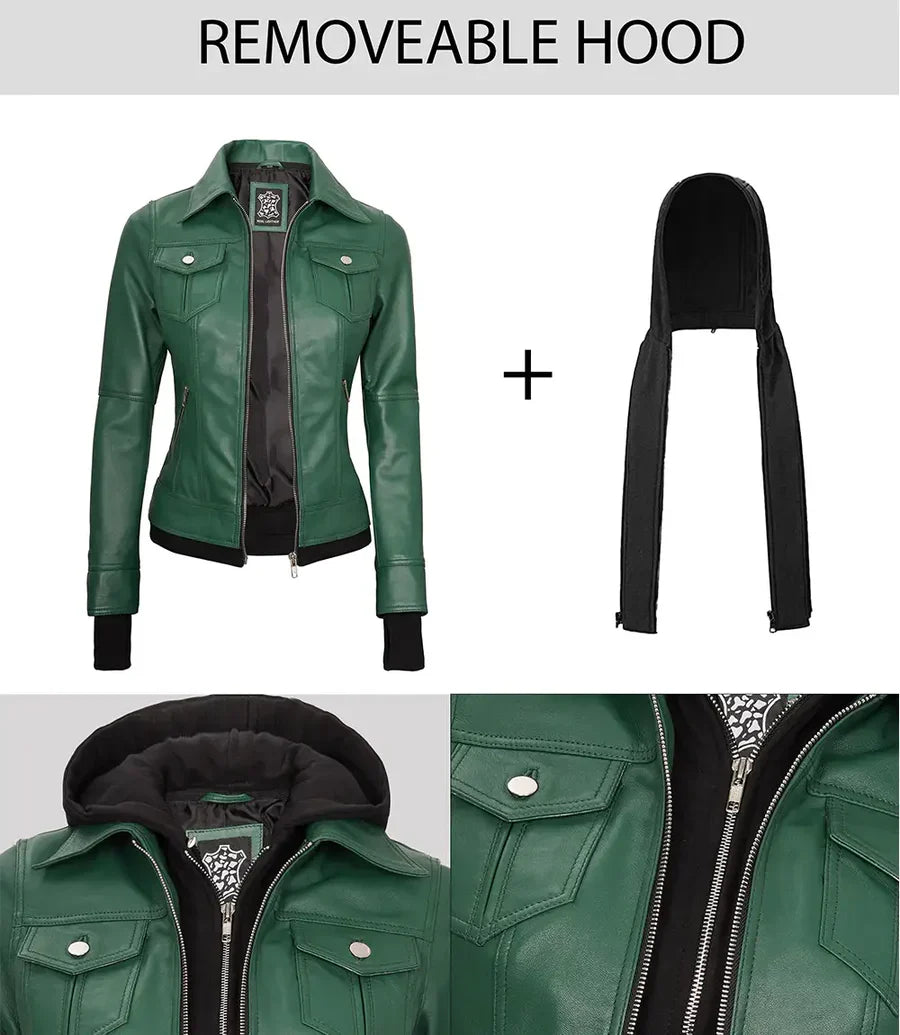 Tralee Women's Green Real Leather Jacket with Hood