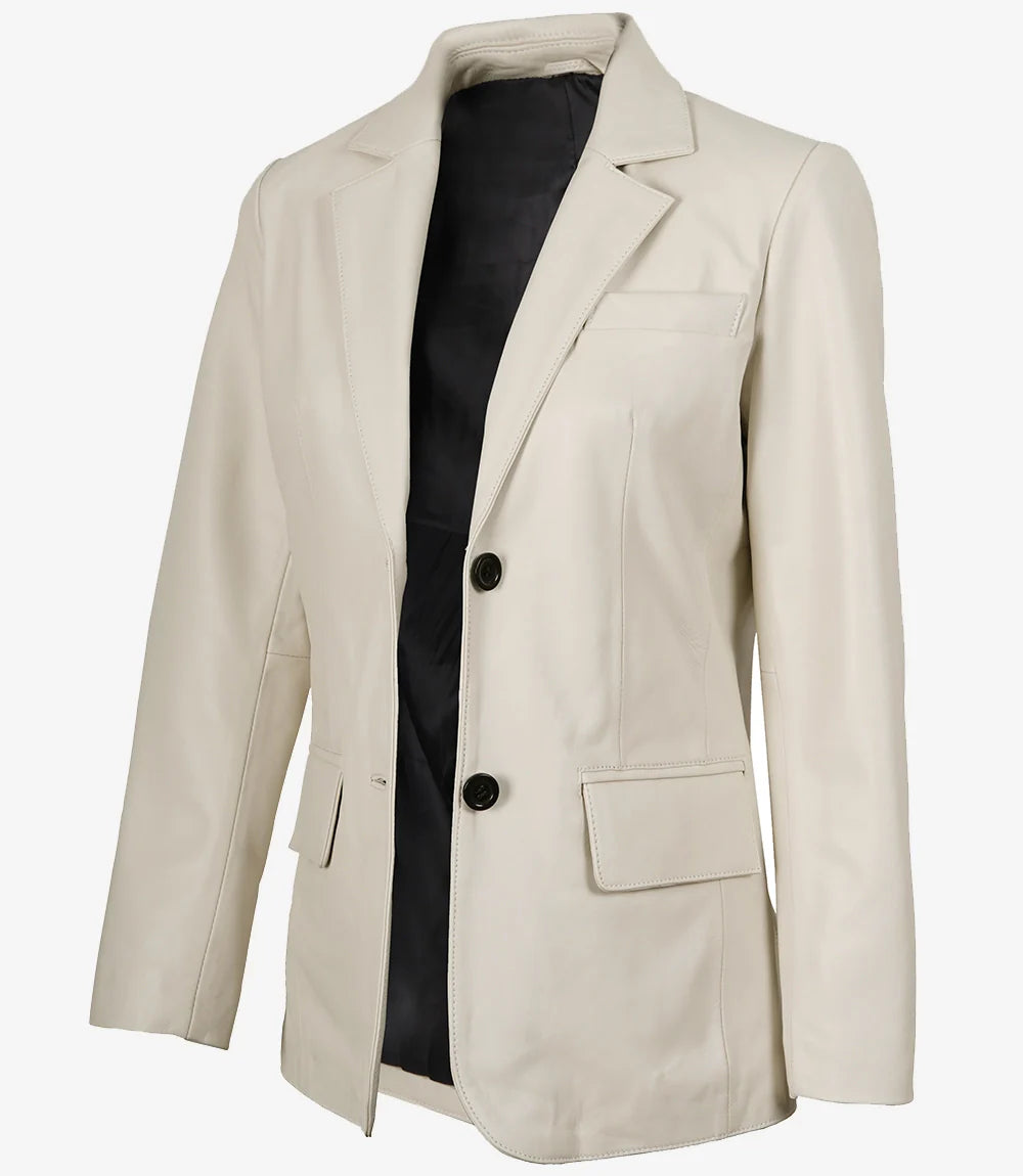 Womens Two Button Off White Leather Blazer