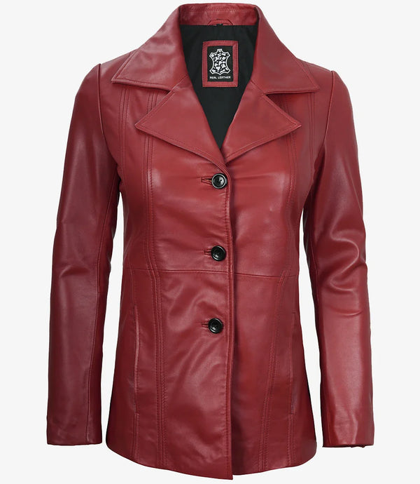 Womens Three Button Red Waxed Leather Blazer