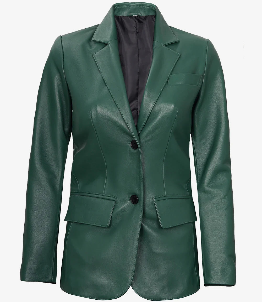 Womens Two Button Green  Premium  Leather Blazer