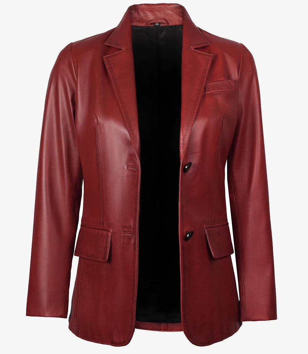 Womens Two Button Red Waxed Leather Blazer