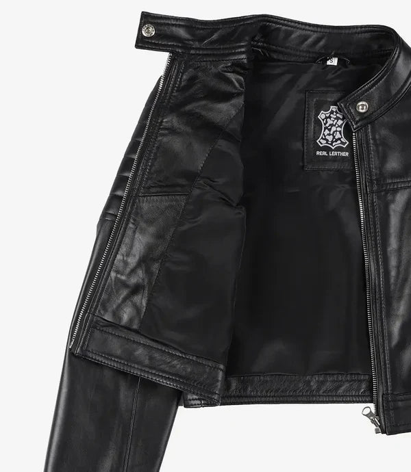 Women's Black Cropped Leather Biker Style Jacket