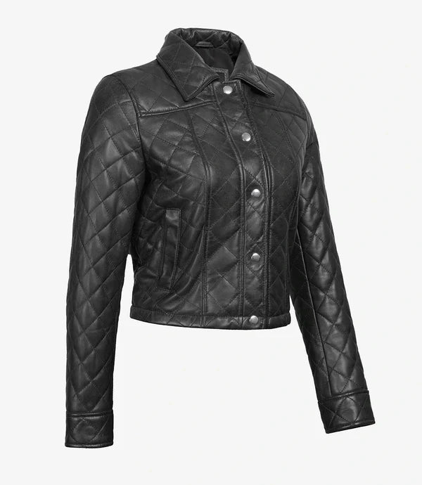 Womens Quilted Black Cropped Real Leather Jacket