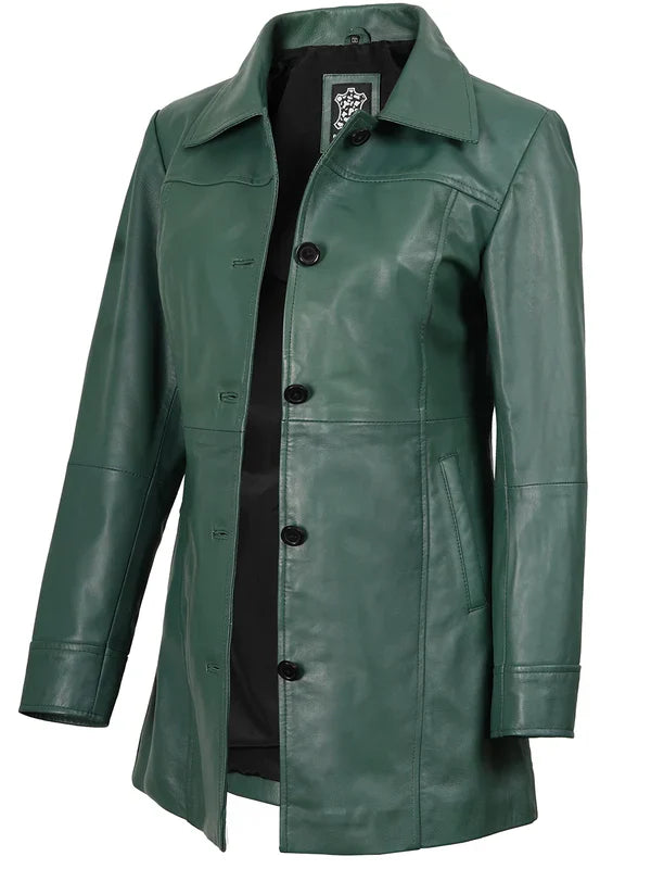 Kandis Women’s Premium Green Real Leather Car Coat