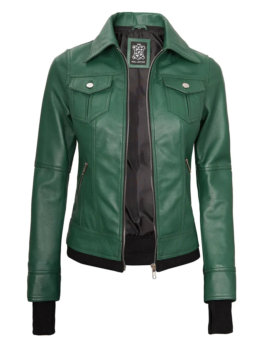 Tralee Women's Green Real Leather Jacket with Hood