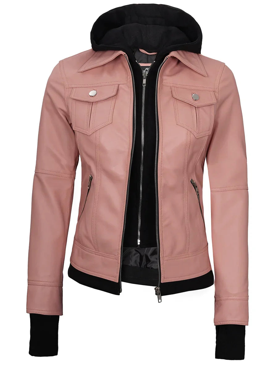 Tralee Women's Pink Leather Biker Style Jacket with Hood