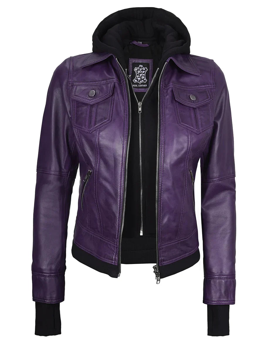 Women's Purple Leather Jacket with Removable Hood