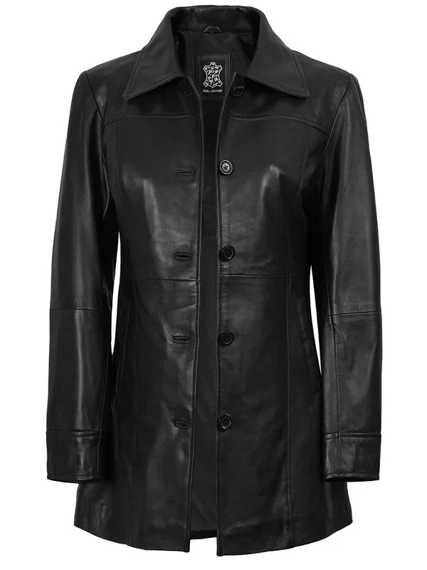 Kandis Womens Black 3/4 Length Leather Car Coat