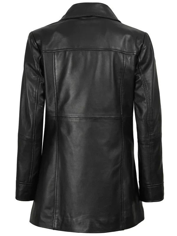 Kandis Womens Black 3/4 Length Leather Car Coat