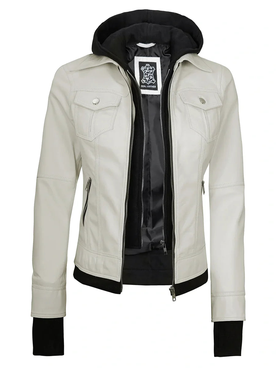 Womens Off White Biker Style Leather Jacket with Hood