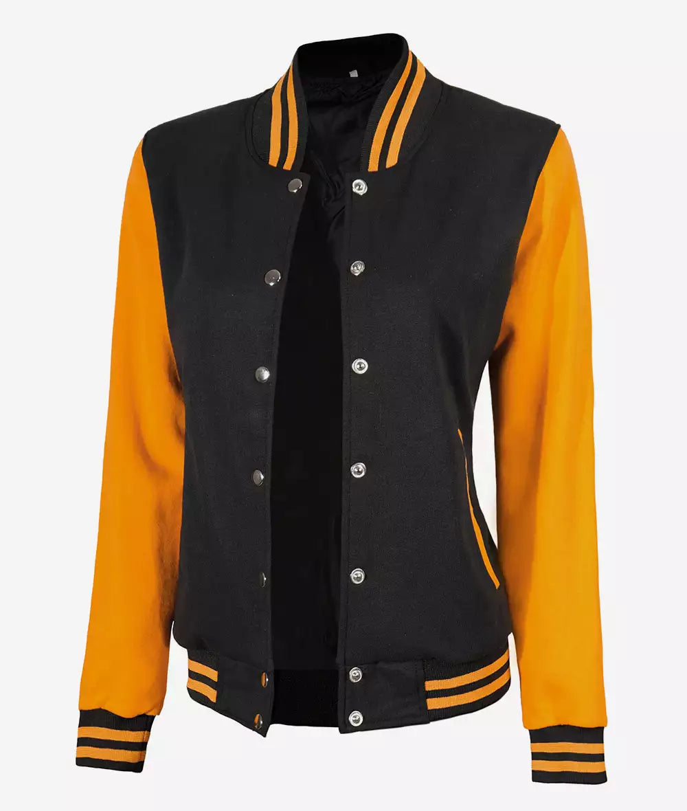 Women’s Black and Yellow  Jacket – Baseball Style Varsity Bomber
