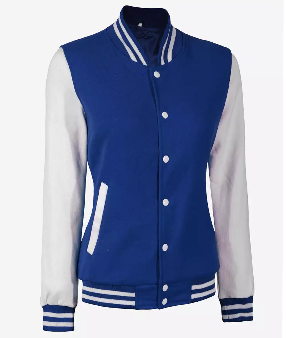 Women’s White and Royal Blue Varsity Jacket – Bomber