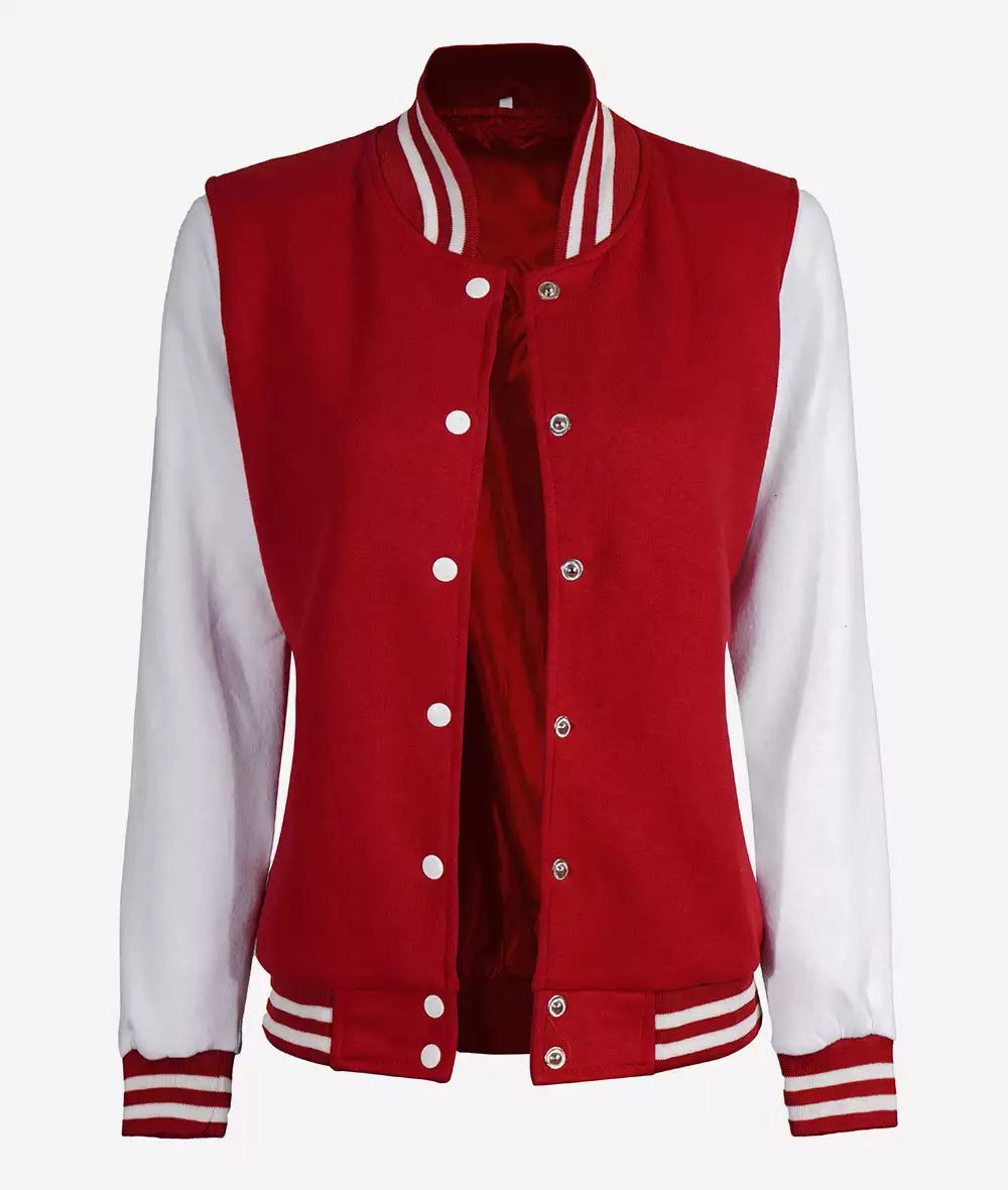 Women’s Red Letterman – White Sleeve Varsity Bomber