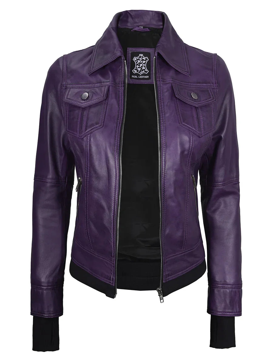 Women's Purple Leather Jacket with Removable Hood