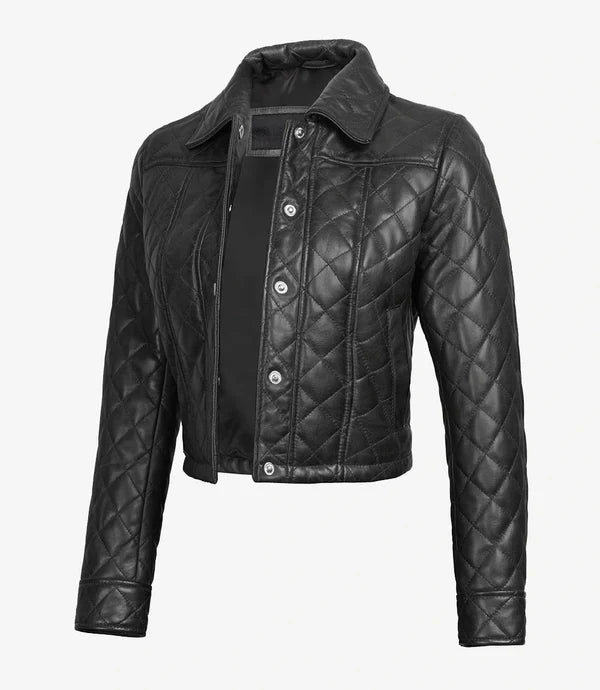 Womens Quilted Black Cropped Real Leather Jacket