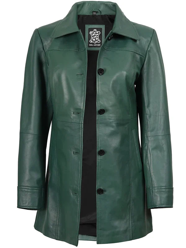 Kandis Women’s Premium Green Real Leather Car Coat