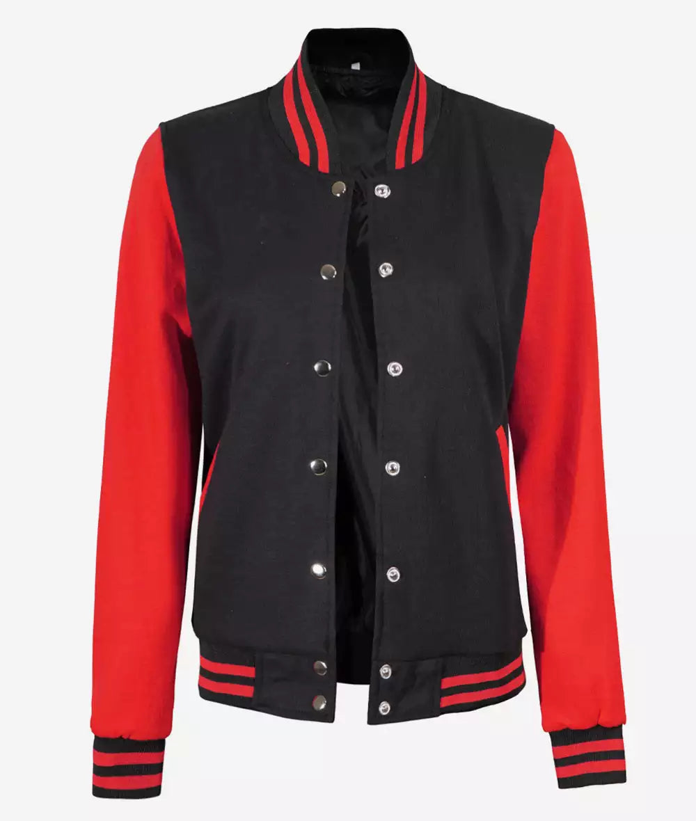 Women's Black and Red Varsity Jacket - Baseball Style